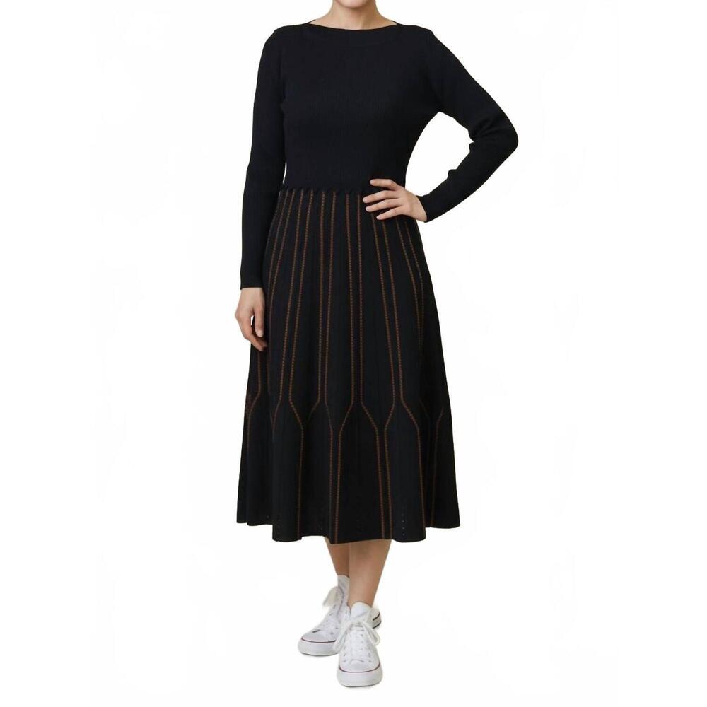 NEW KATHIE K textured midi knit dress in black/brown